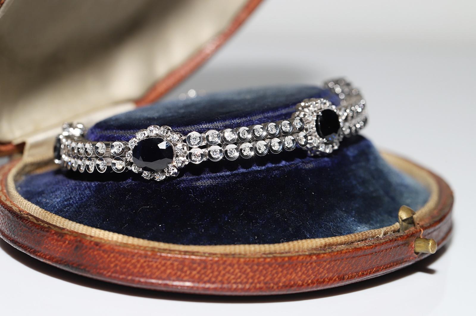 Retro Vintage Circa 1970s 18k Gold Natural Diamond And Sapphire Decorated Bracelet  For Sale