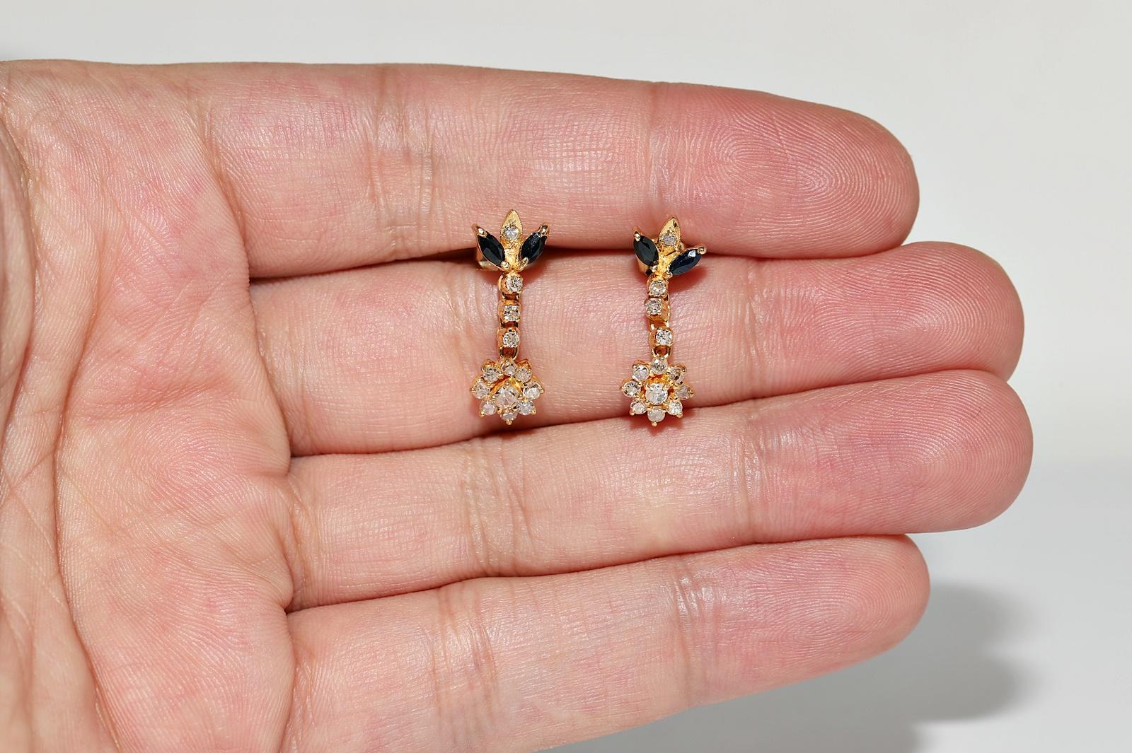 Vintage Circa 1970s 18k Gold Natural Diamond And Sapphire Decorated Drop Earring In Good Condition For Sale In Fatih/İstanbul, 34