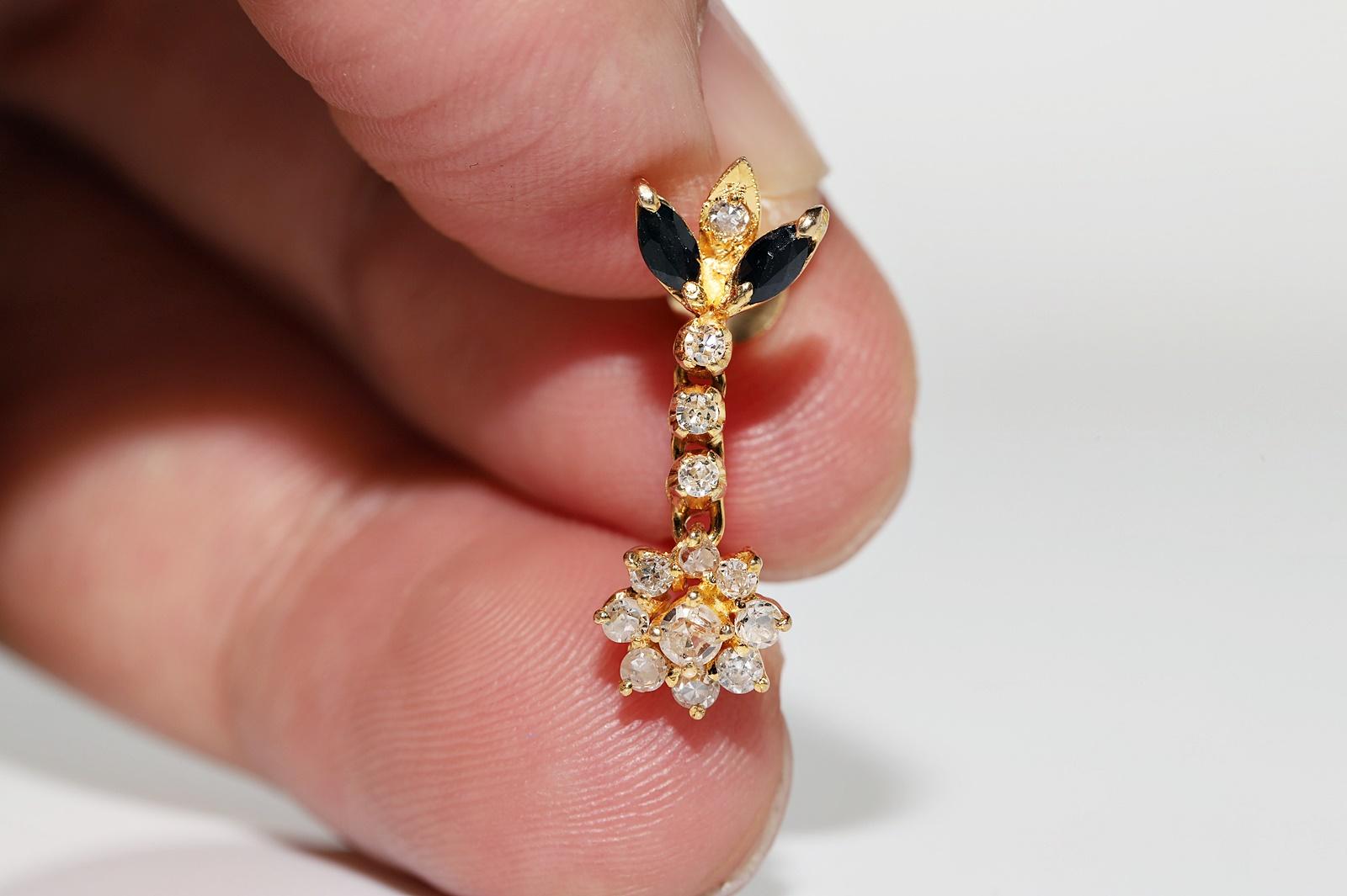Vintage Circa 1970s 18k Gold Natural Diamond And Sapphire Decorated Drop Earring For Sale 2