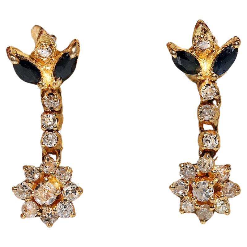 Vintage Circa 1970s 18k Gold Natural Diamond And Sapphire Decorated Drop Earring For Sale