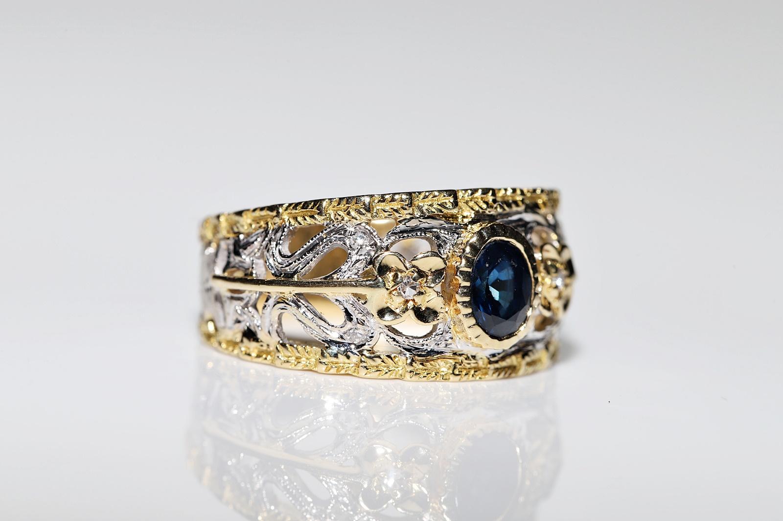 Dekorierter Vintage-Ring aus 18 Karat Gold mit natürlichem Diamant und Saphir, ca. 1970er Jahre  Damen im Angebot