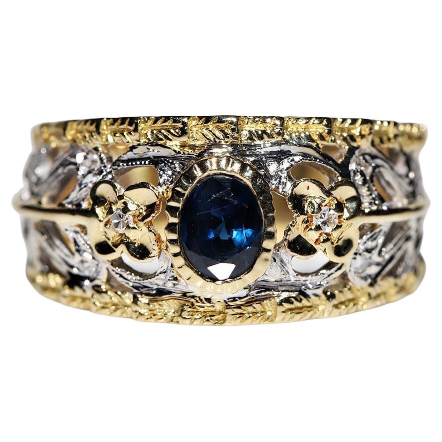 Dekorierter Vintage-Ring aus 18 Karat Gold mit natürlichem Diamant und Saphir, ca. 1970er Jahre  im Angebot