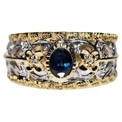 Vintage Circa 1970s 18k Gold Natural Diamond And Sapphire Decorated Ring 