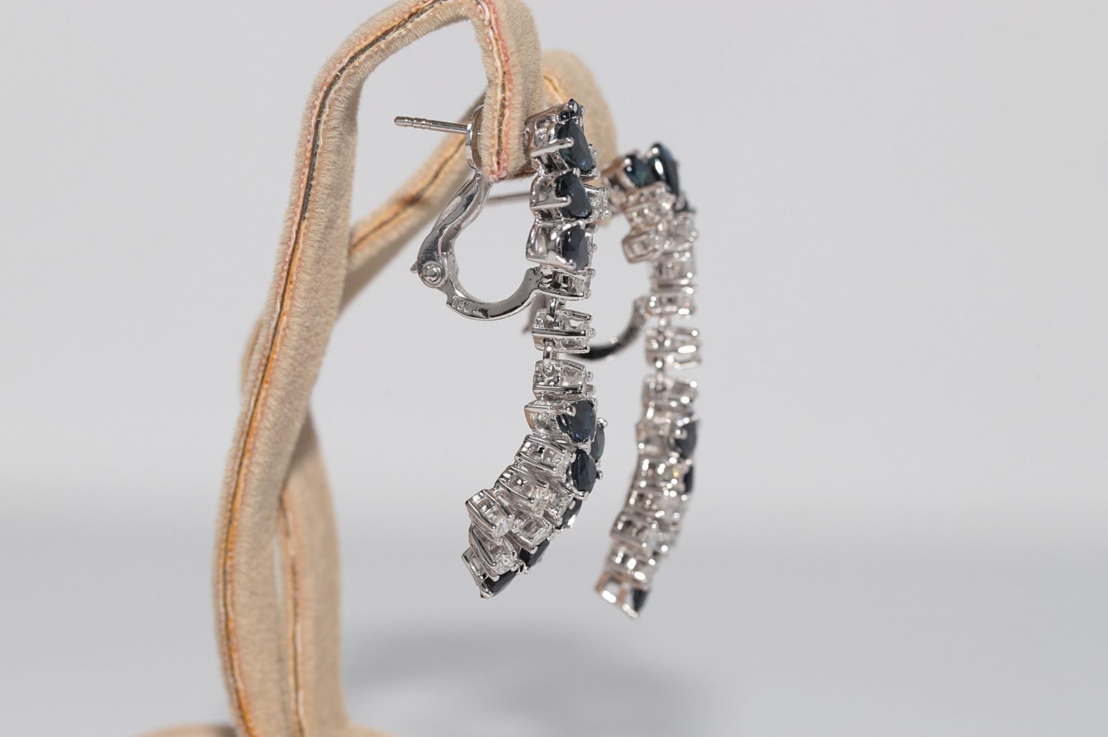 Artisan Vintage Circa 1970s 18k Gold Natural Diamond And Sapphire Drop Earring For Sale