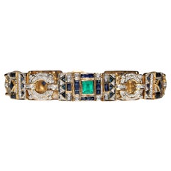 Vintage Circa 1970s 18k Gold Natural Diamond And Sapphire Emerald Bracelet