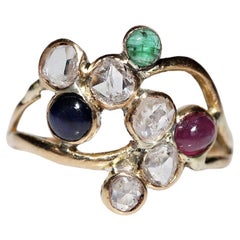 Vintage Circa 1970s 18k Gold Natural Diamond And Sapphire Emerald Ruby Ring