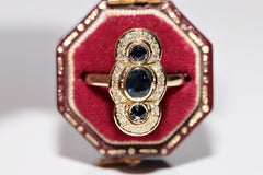 Vintage Circa 1970s 18k Gold Natural Diamond And Sapphire Navette Ring