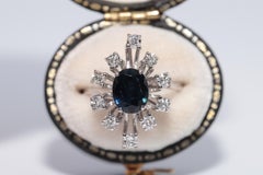 Vintage Circa 1970s 18k Gold Natural Diamond And Sapphire Navette Ring