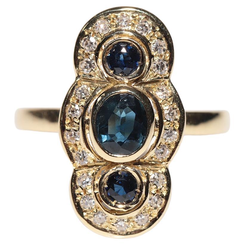 Vintage Circa 1970s 18k Gold Natural Diamond And Sapphire Navette Ring