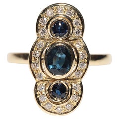 Vintage Circa 1970s 18k Gold Natural Diamond And Sapphire Navette Ring