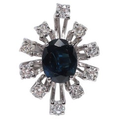 Vintage Circa 1970s 18k Gold Natural Diamond And Sapphire Navette Ring