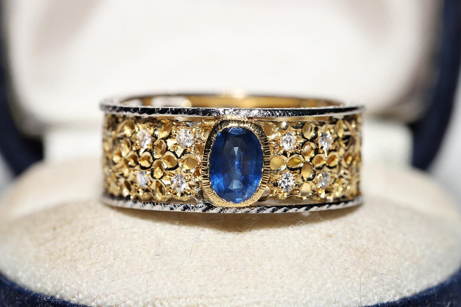 Vintage Circa 1970s 18k Gold Natural Diamond And Sapphire Ring 
In very good condition.
Total weight is 7.4 grams.
Totally is diamond 0.20 ct.
The diamond is has G color vvs-vs clarity.
Totally is sapphire 1 ct.
Ring size is US 10.
We can make any