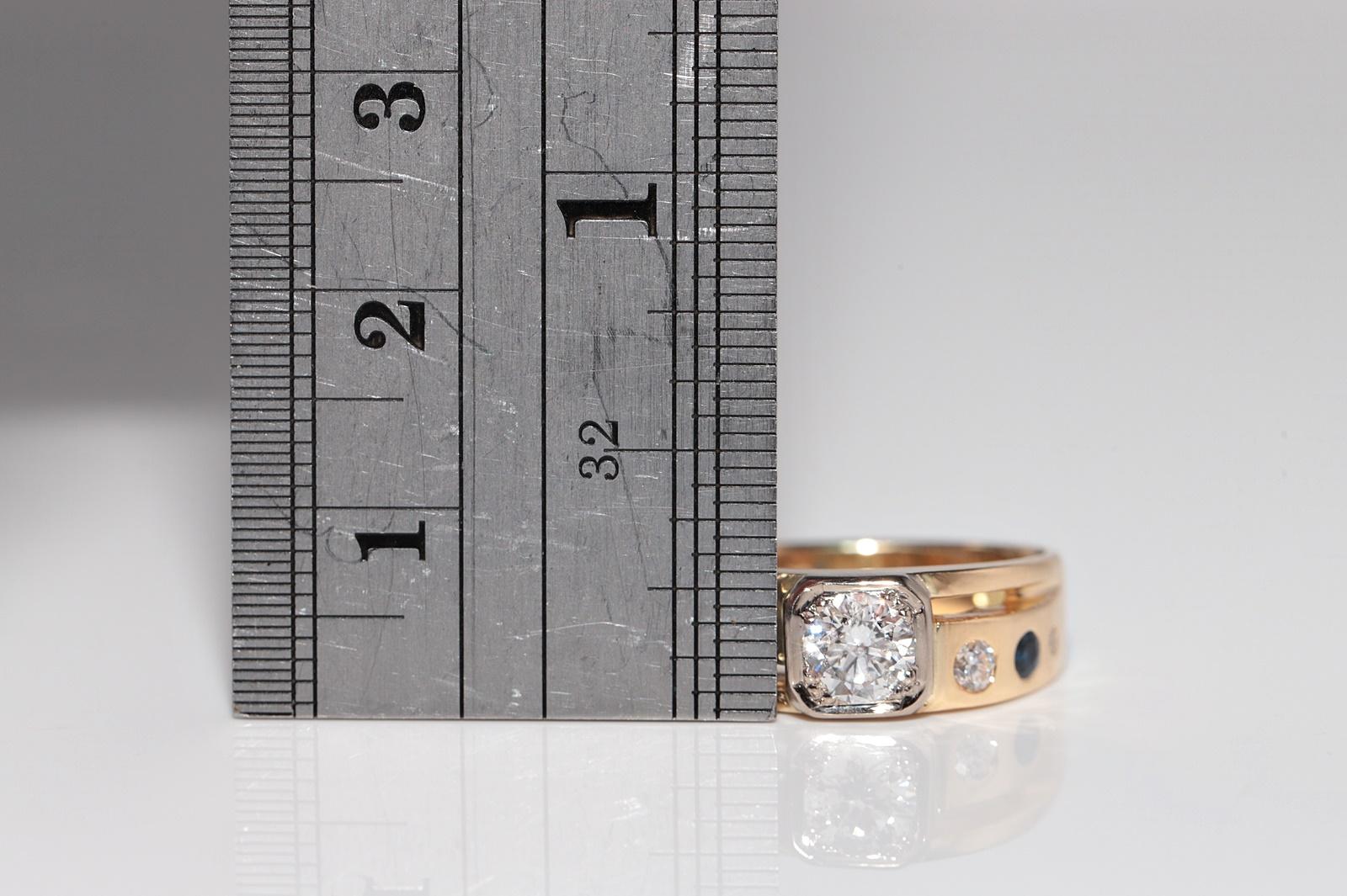 Anello solitario con diamante naturale e zaffiro in oro 18 carati, vintage, circa anni '70 in vendita 8