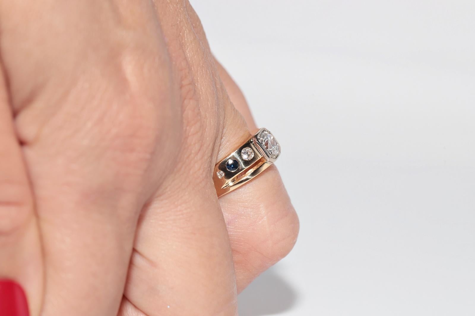 Anello solitario con diamante naturale e zaffiro in oro 18 carati, vintage, circa anni '70 in vendita 13