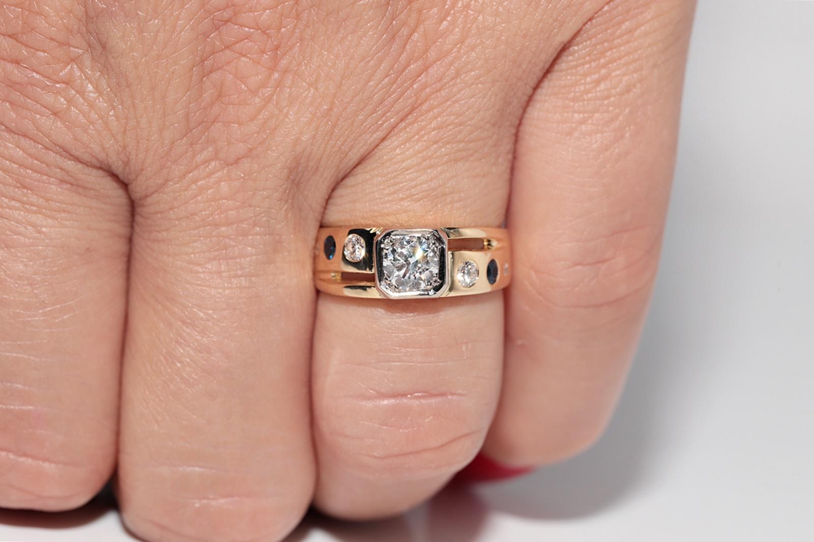 Anello solitario con diamante naturale e zaffiro in oro 18 carati, vintage, circa anni '70 in vendita 14
