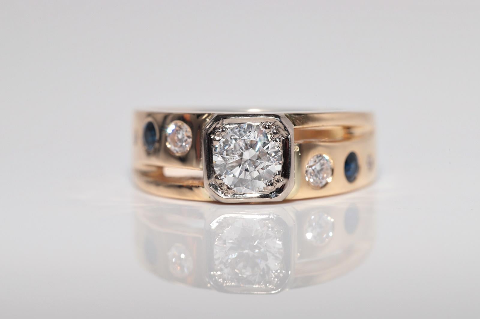 Anello solitario con diamante naturale e zaffiro in oro 18 carati, vintage, circa anni '70 In condizioni buone in vendita a Fatih/İstanbul, 34