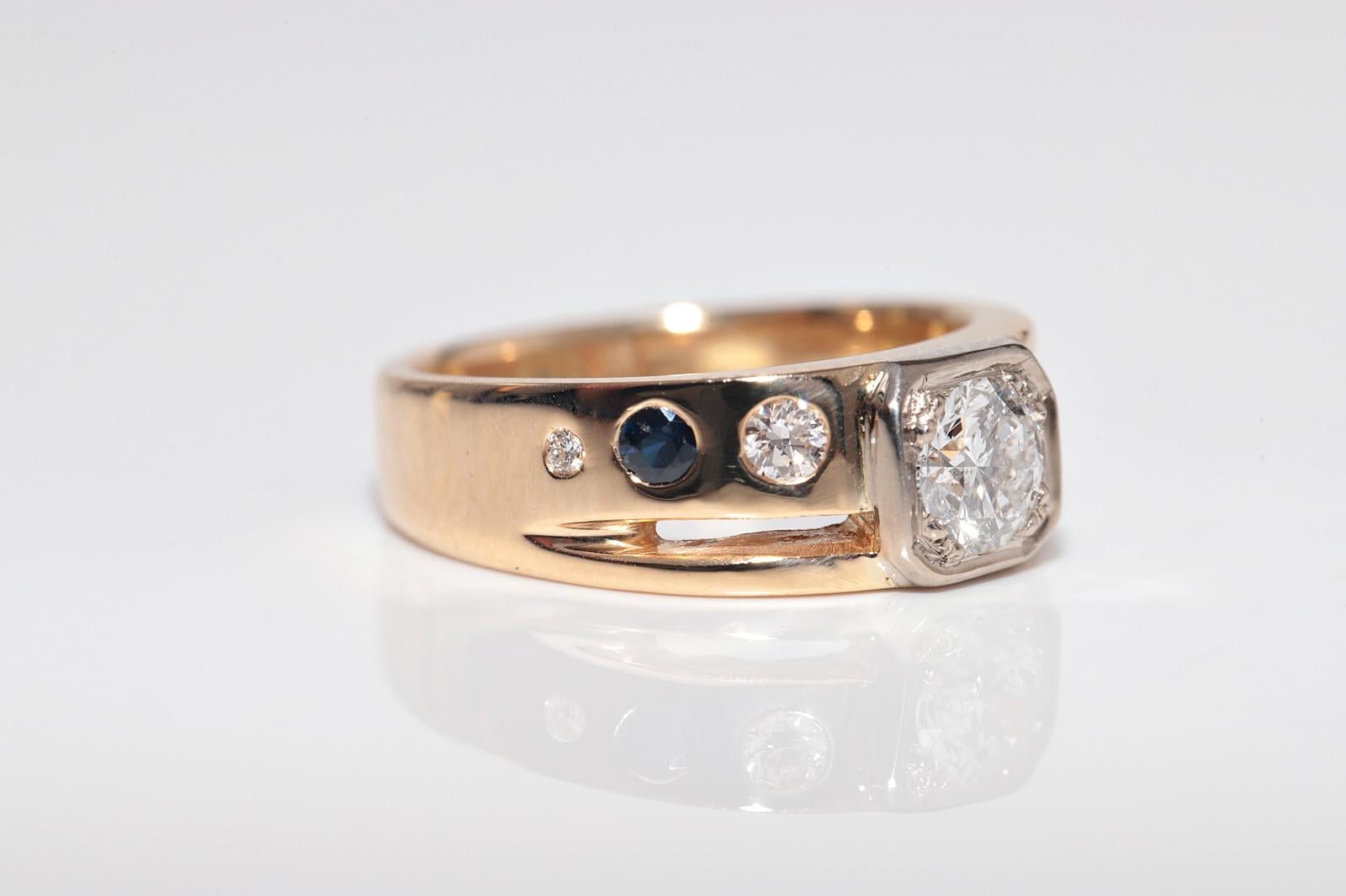 Donna Anello solitario con diamante naturale e zaffiro in oro 18 carati, vintage, circa anni '70 in vendita