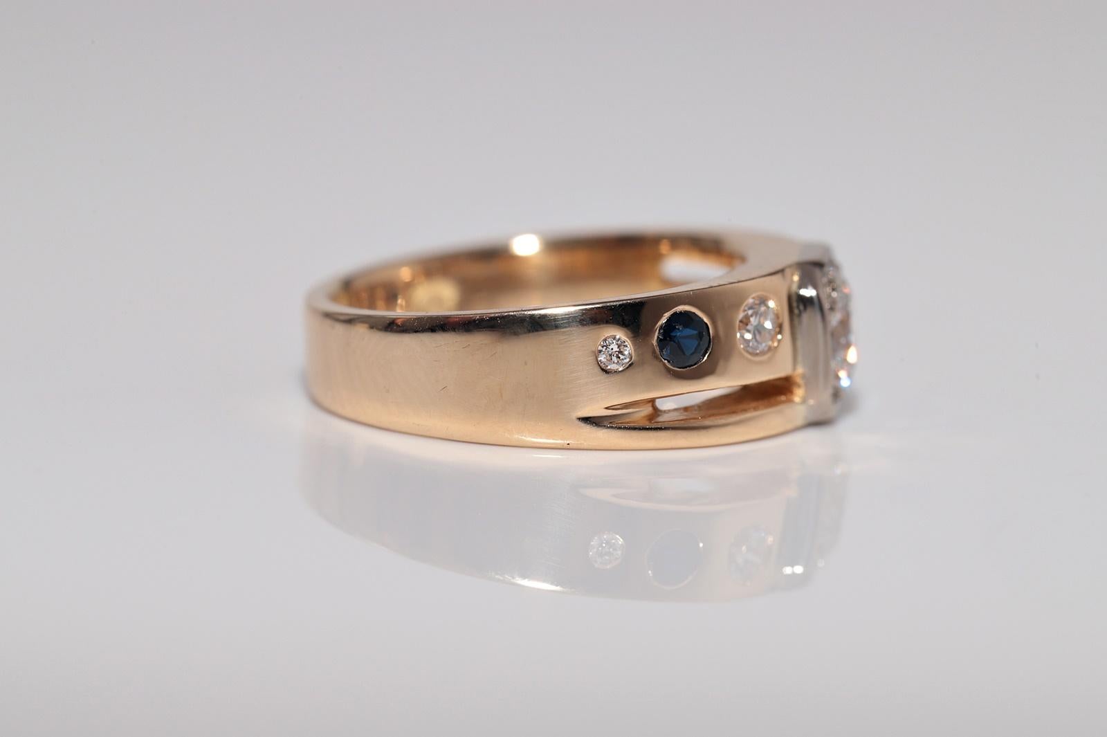Anello solitario con diamante naturale e zaffiro in oro 18 carati, vintage, circa anni '70 in vendita 1