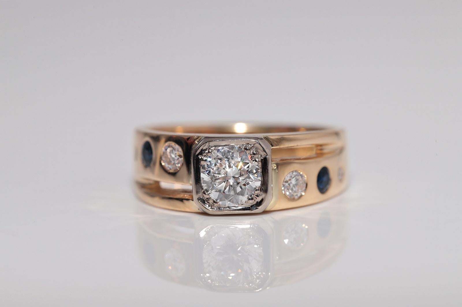 Anello solitario con diamante naturale e zaffiro in oro 18 carati, vintage, circa anni '70 in vendita 2