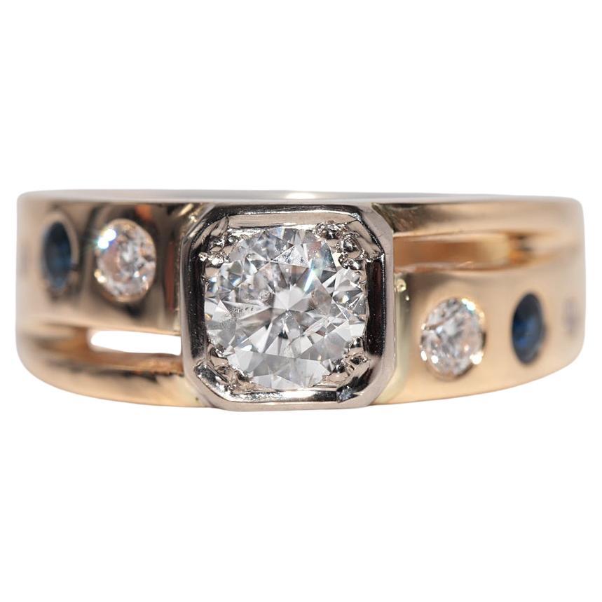 Anello solitario con diamante naturale e zaffiro in oro 18 carati, vintage, circa anni '70