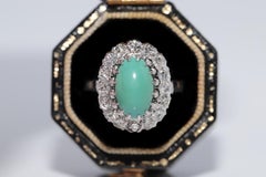 Vintage Circa 1970s 18k Gold Natural Diamond And Turquoise Decorated Ring