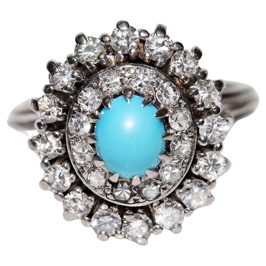 Vintage Circa 1970s 18k Gold Natural Diamond And Turquoise Decorated Ring