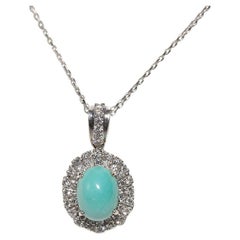Vintage Circa 1970s 18k Gold Natural Diamond And Turquoise Pendant Necklace