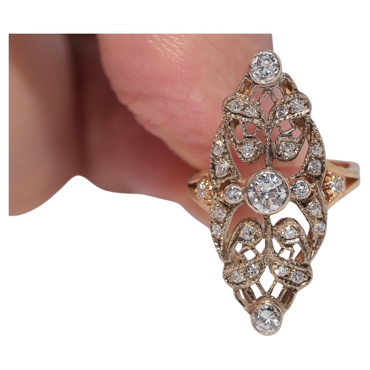 Vintage Circa 1970s 18k Gold Natural Diamond Decorate Navette Ring
