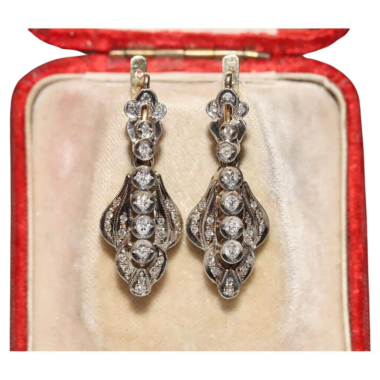 Vintage Circa 1970s 18k Gold Natural Diamond Decorated Drop Earring  For Sale