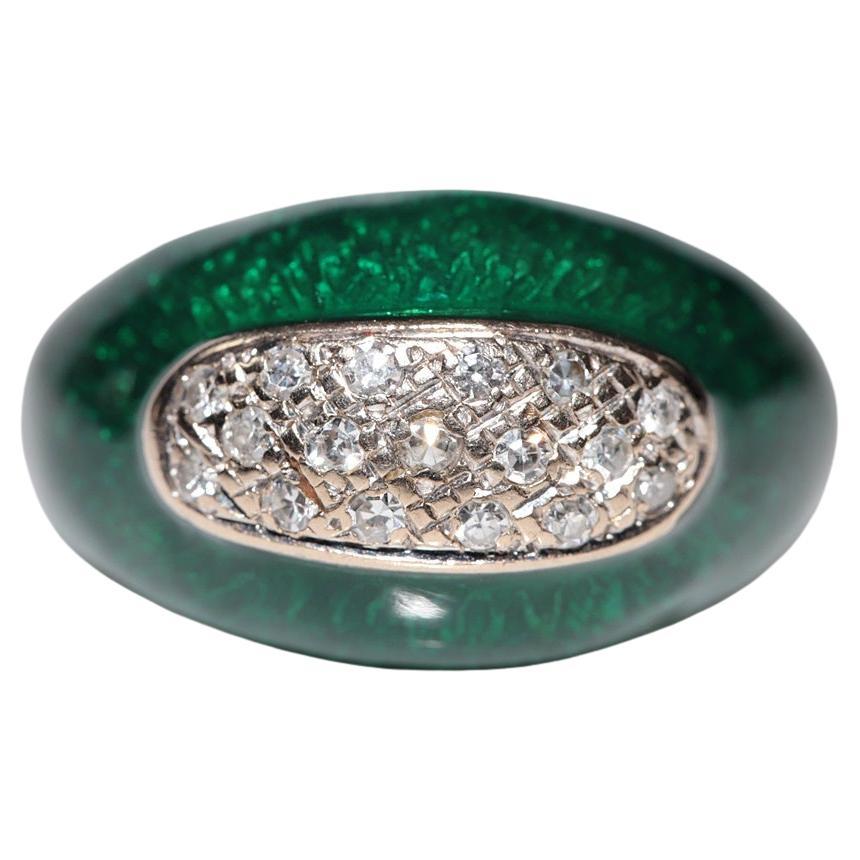 Vintage Circa 1970s 18k Gold Natural Diamond Decorated Enamel Ring For Sale