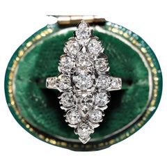 Retro Circa 1970s 18k Gold Natural Diamond Decorated Navette Ring 