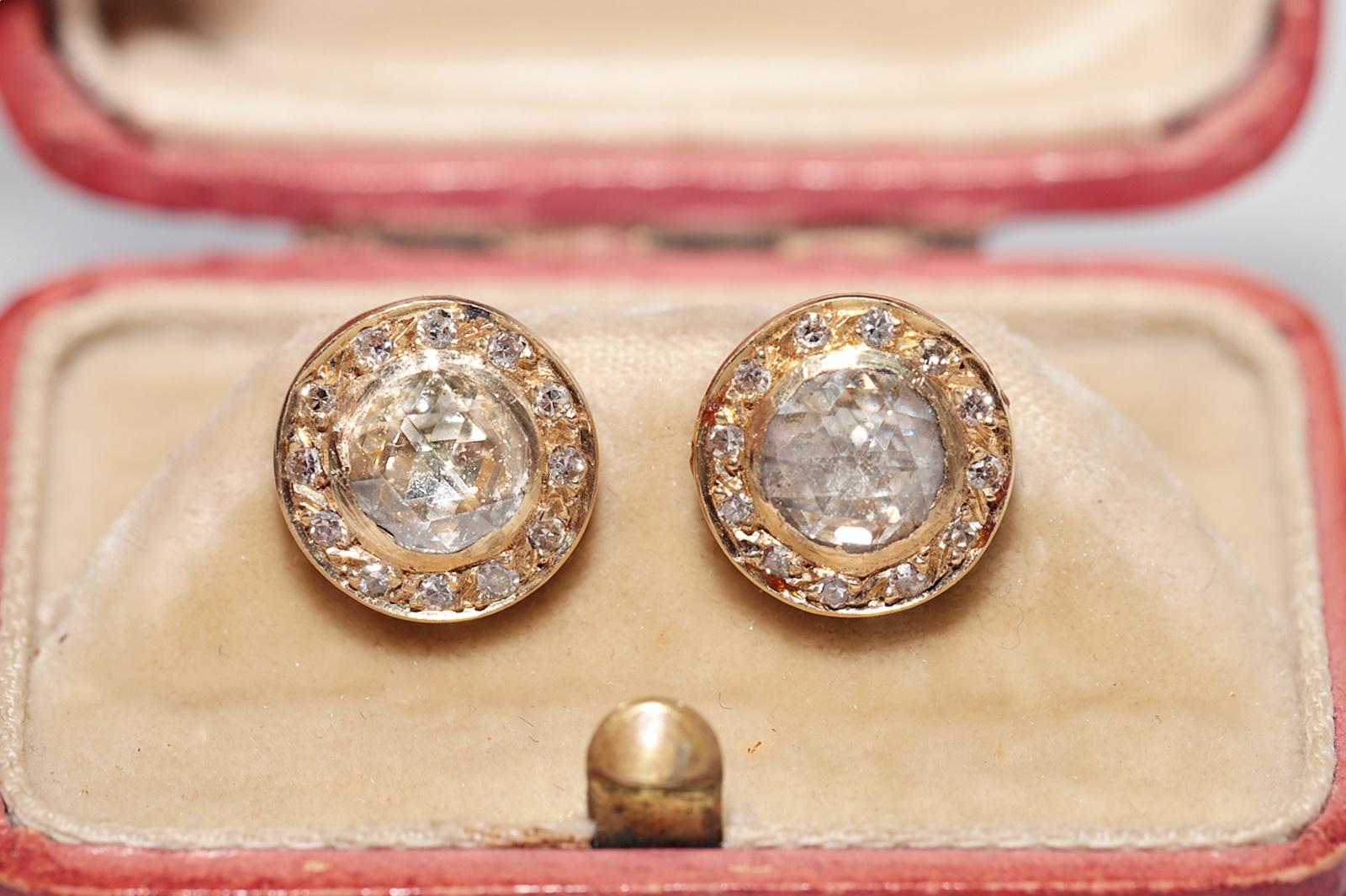 Vintage Circa 1970er Jahre 18k Gold Natürlicher Diamant Dekorierter Solitär-Ohrring (Rosenschliff) im Angebot