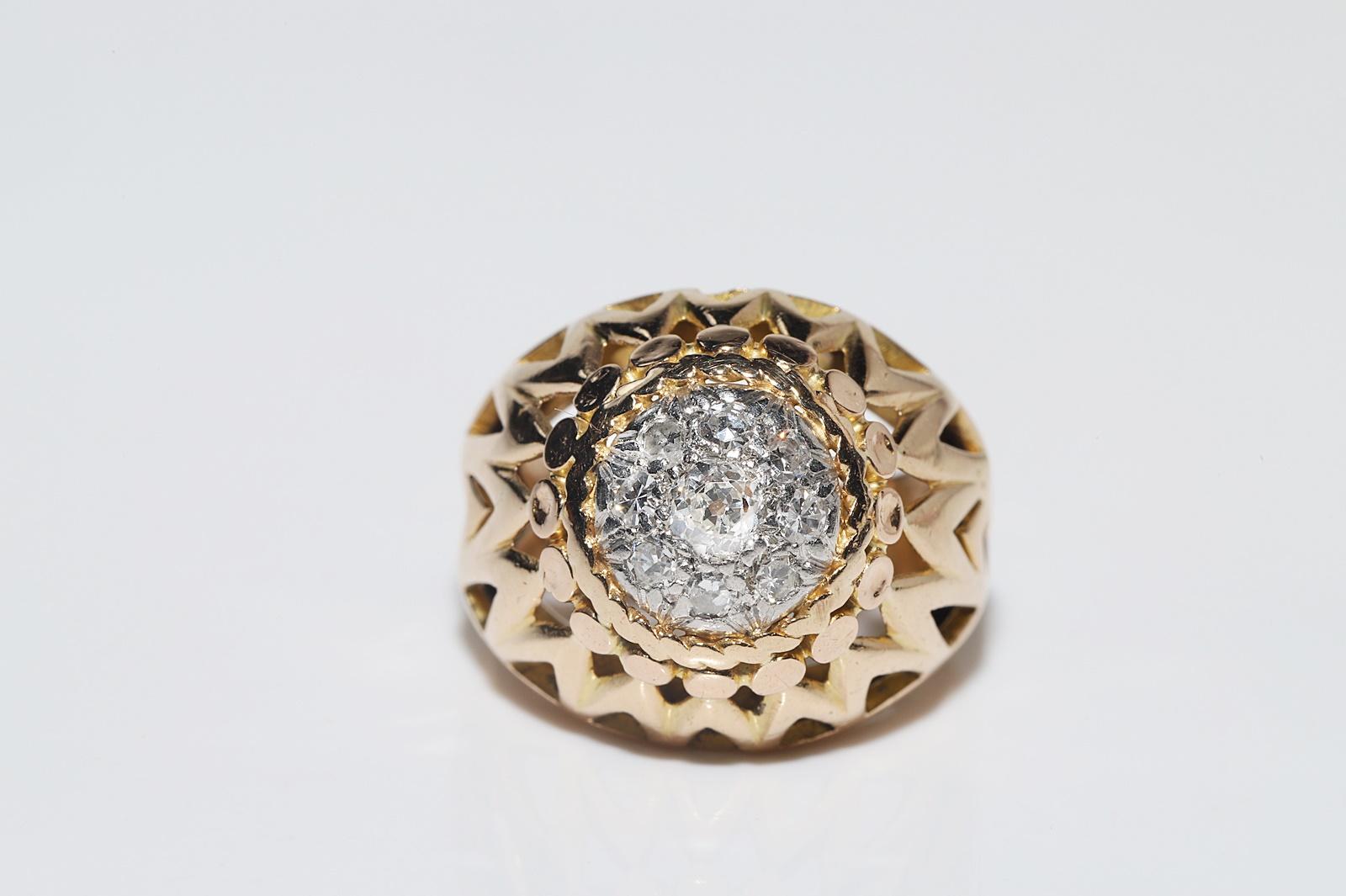 Anillo Fuerte Vintage Circa 1970s Oro 18k Decorado con Diamantes Naturales Retro en venta