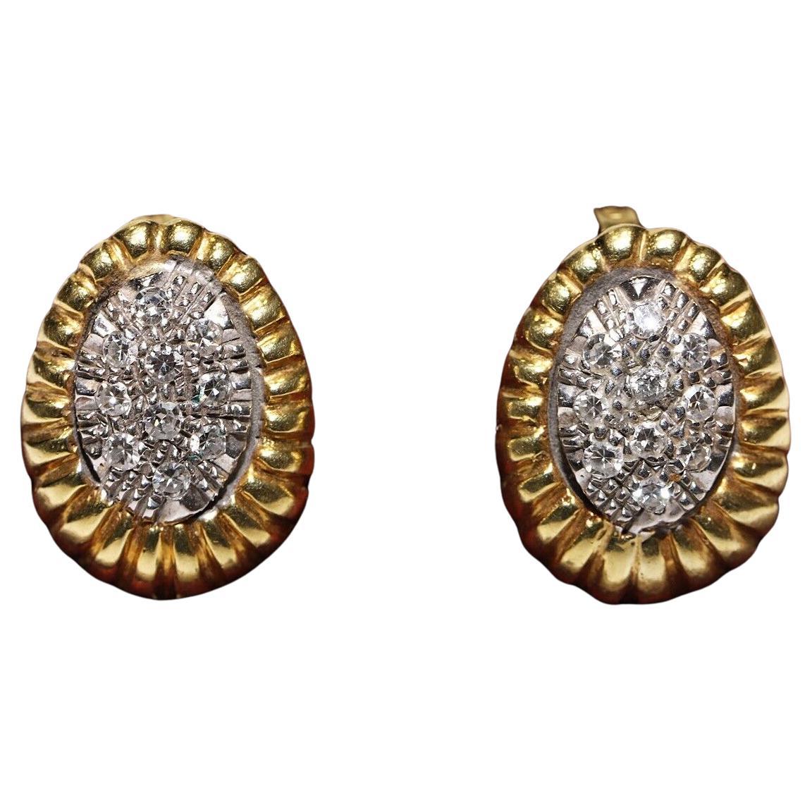 Vintage Circa 1970s 18k Gold Natural Diamond Decorated Stud Earring