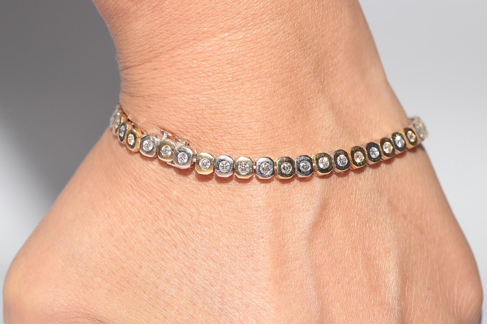 Vintage Circa 1970s 18k Gold Natural Diamond Decorated Tennis Bracelet For Sale 13