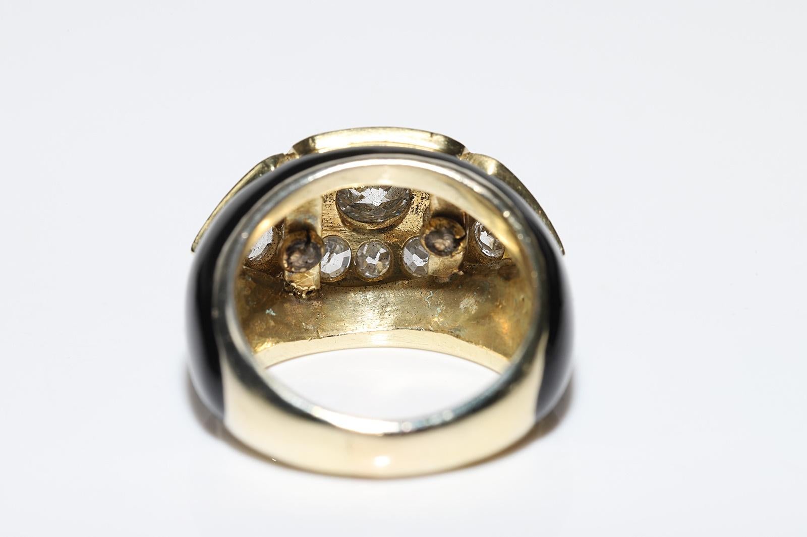 Vintage Circa 1970s 18k Gold Natural Old Cut Diamond Enamel Strong Tank Ring 6