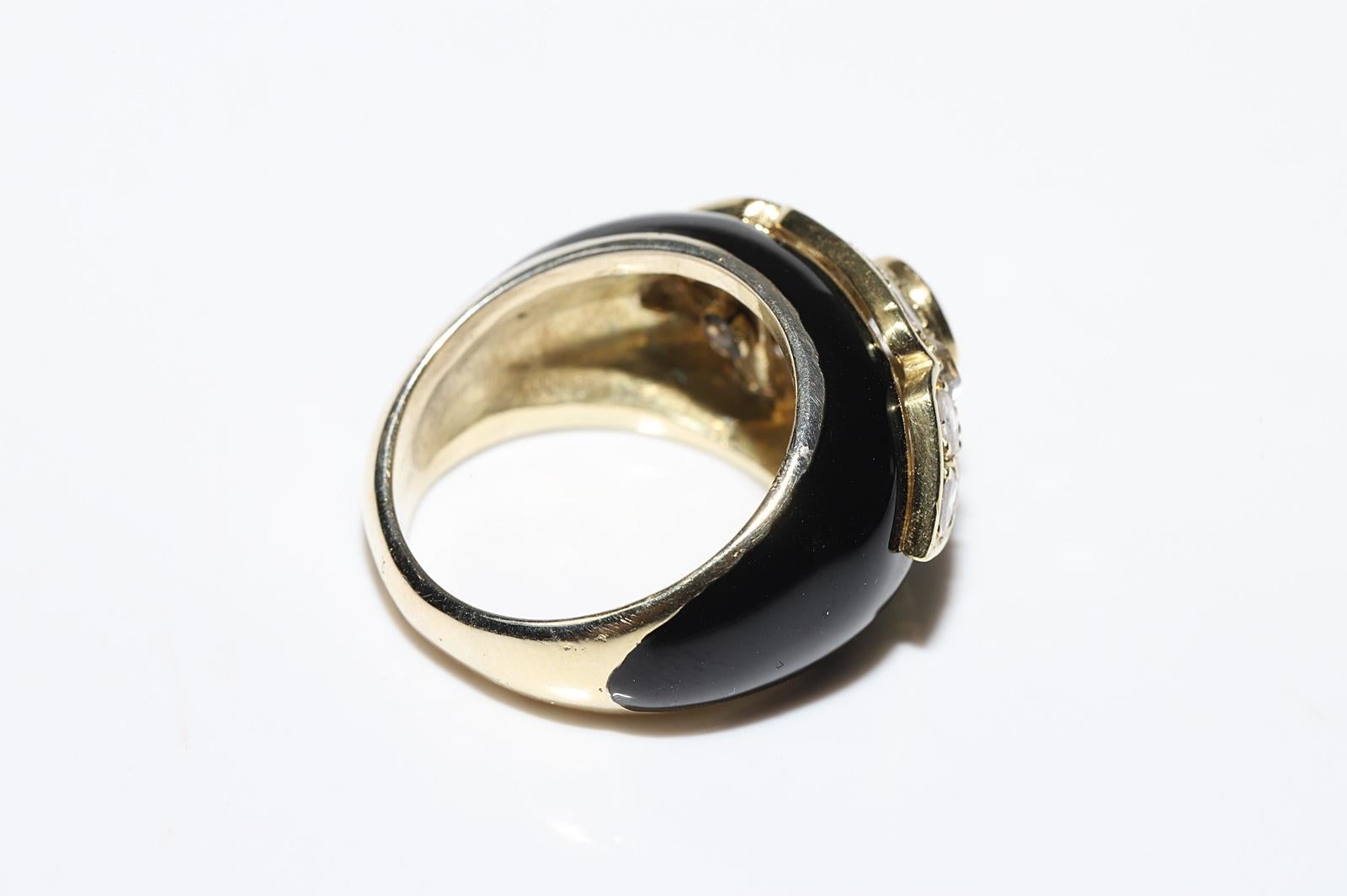 Vintage Circa 1970s 18k Gold Natural Old Cut Diamond Enamel Strong Tank Ring 7