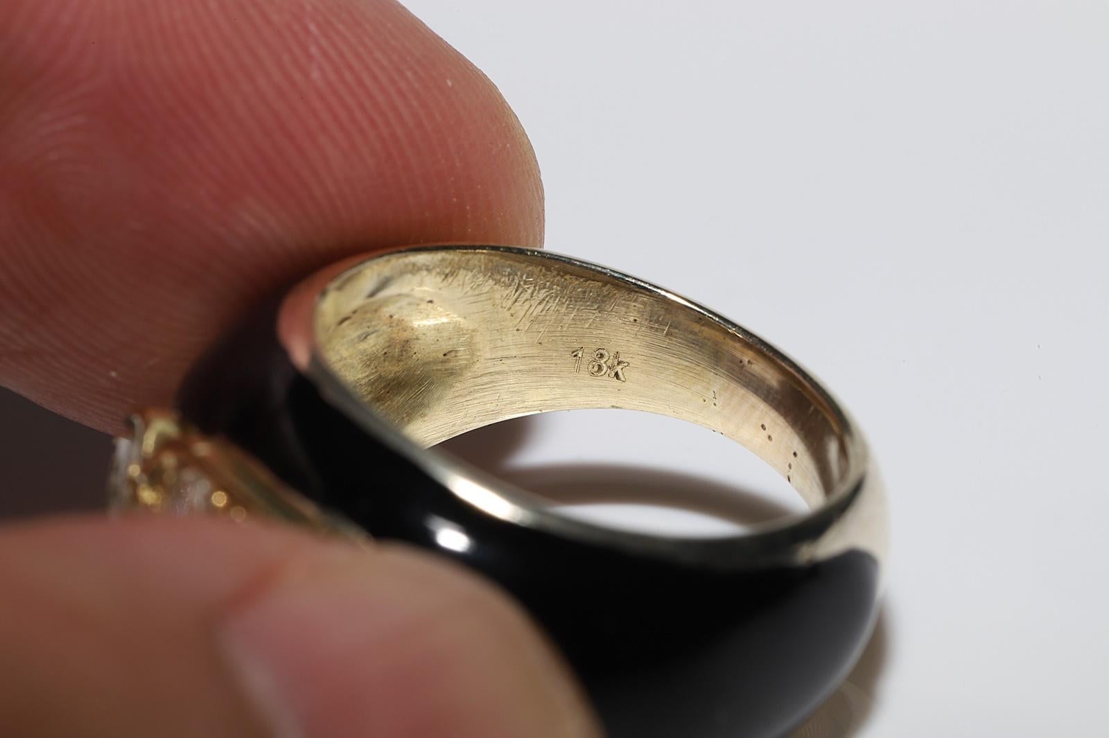Vintage Circa 1970s 18k Gold Natural Old Cut Diamond Enamel Strong Tank Ring 8