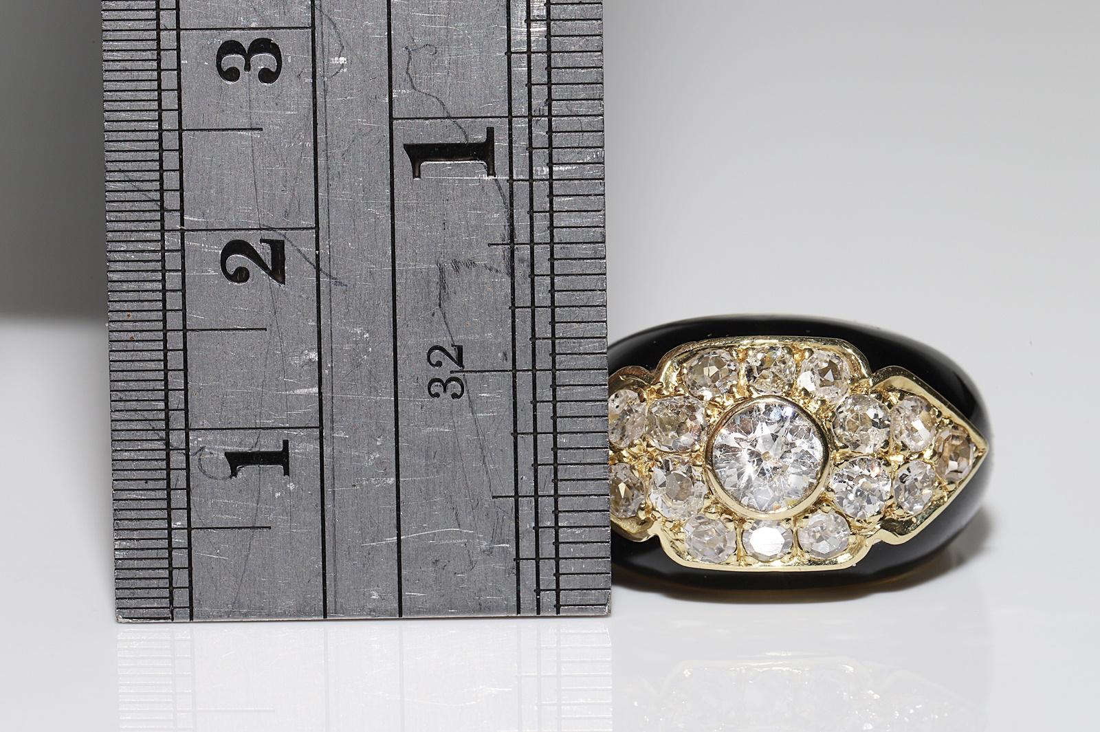 Vintage Circa 1970s 18k Gold Natural Old Cut Diamond Enamel Strong Tank Ring 9