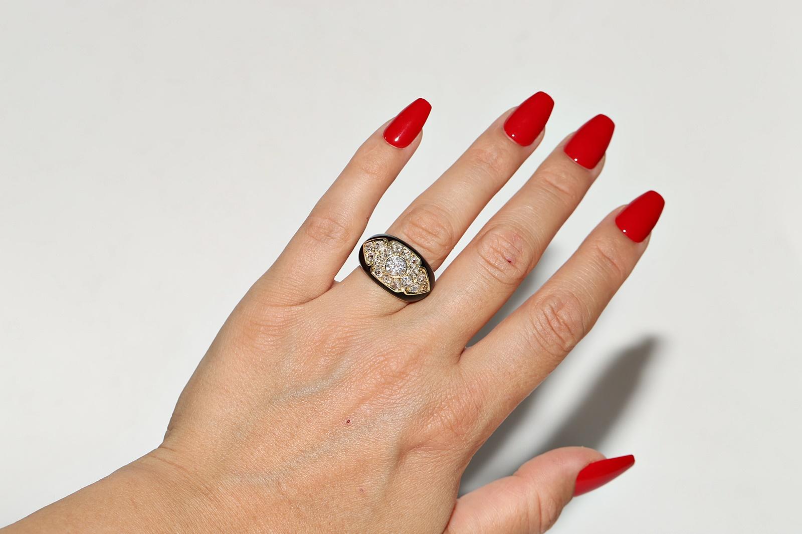 Retro Vintage Circa 1970s 18k Gold Natural Old Cut Diamond Enamel Strong Tank Ring