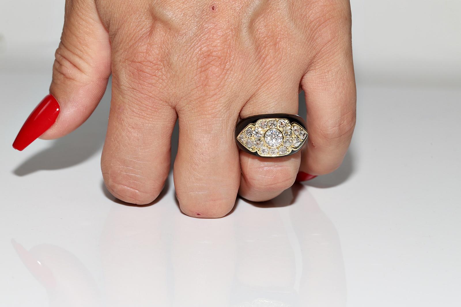 Old Mine Cut Vintage Circa 1970s 18k Gold Natural Old Cut Diamond Enamel Strong Tank Ring