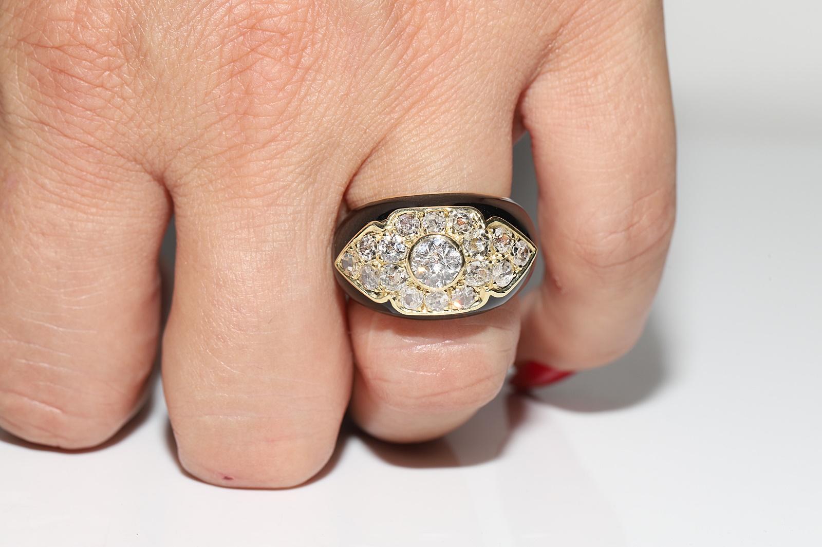 Vintage Circa 1970s 18k Gold Natural Old Cut Diamond Enamel Strong Tank Ring In Good Condition In Fatih/İstanbul, 34