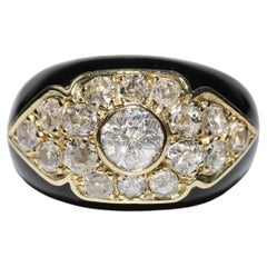 Vintage Circa 1970s 18k Gold Natural Old Cut Diamond Enamel Strong Tank Ring
