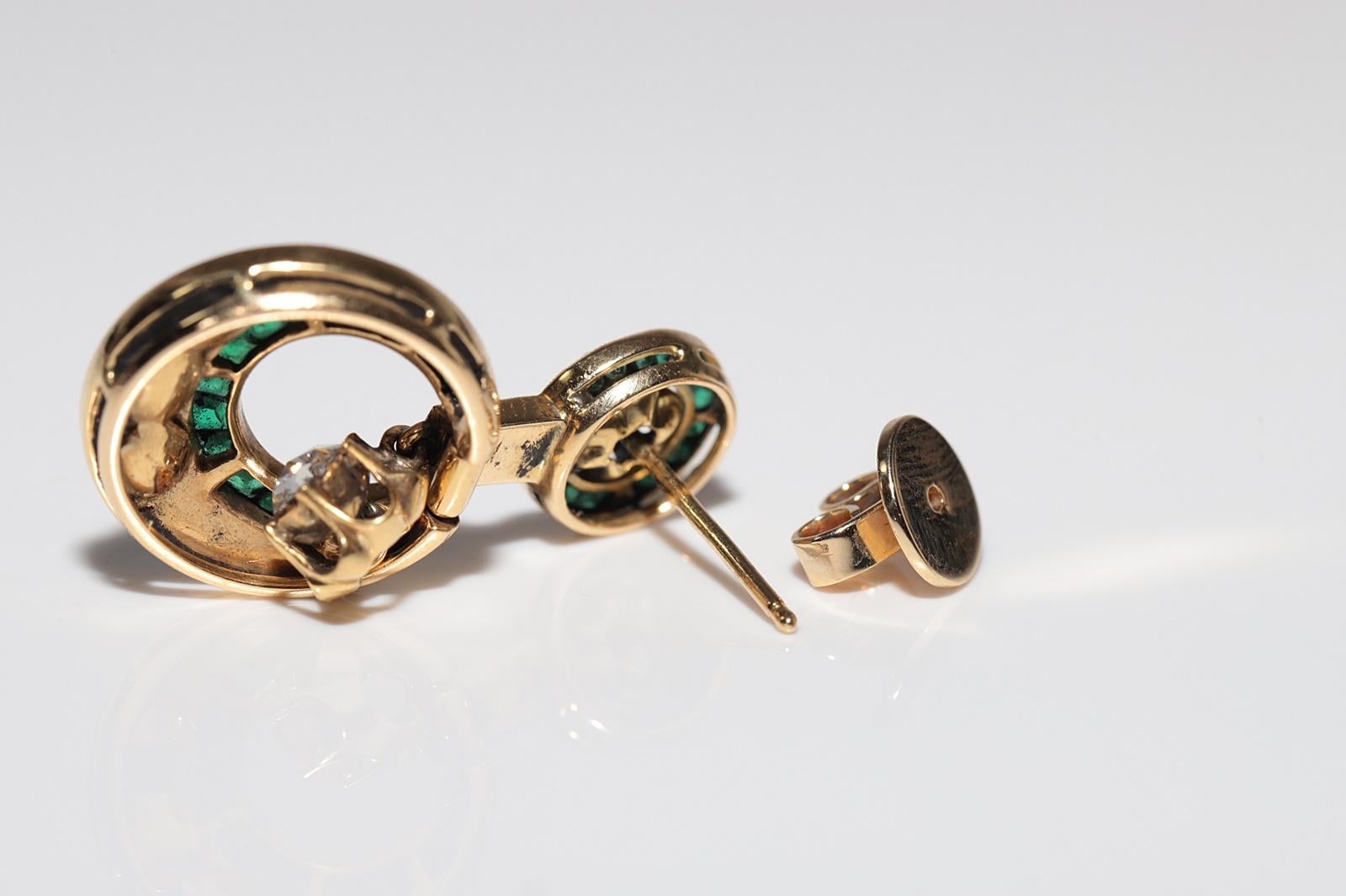 Vintage Circa 1970s 18k Gold Natural Rose Cut Diamond And Emerald Drop Earring For Sale 5