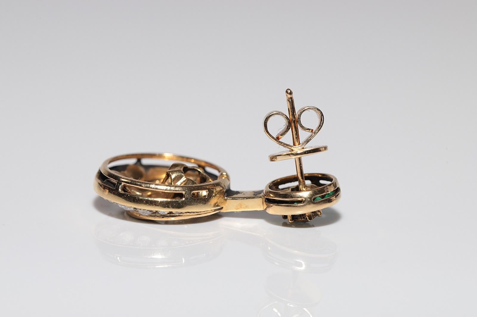 Vintage Circa 1970s 18k Gold Natural Rose Cut Diamond And Emerald Drop Earring For Sale 7