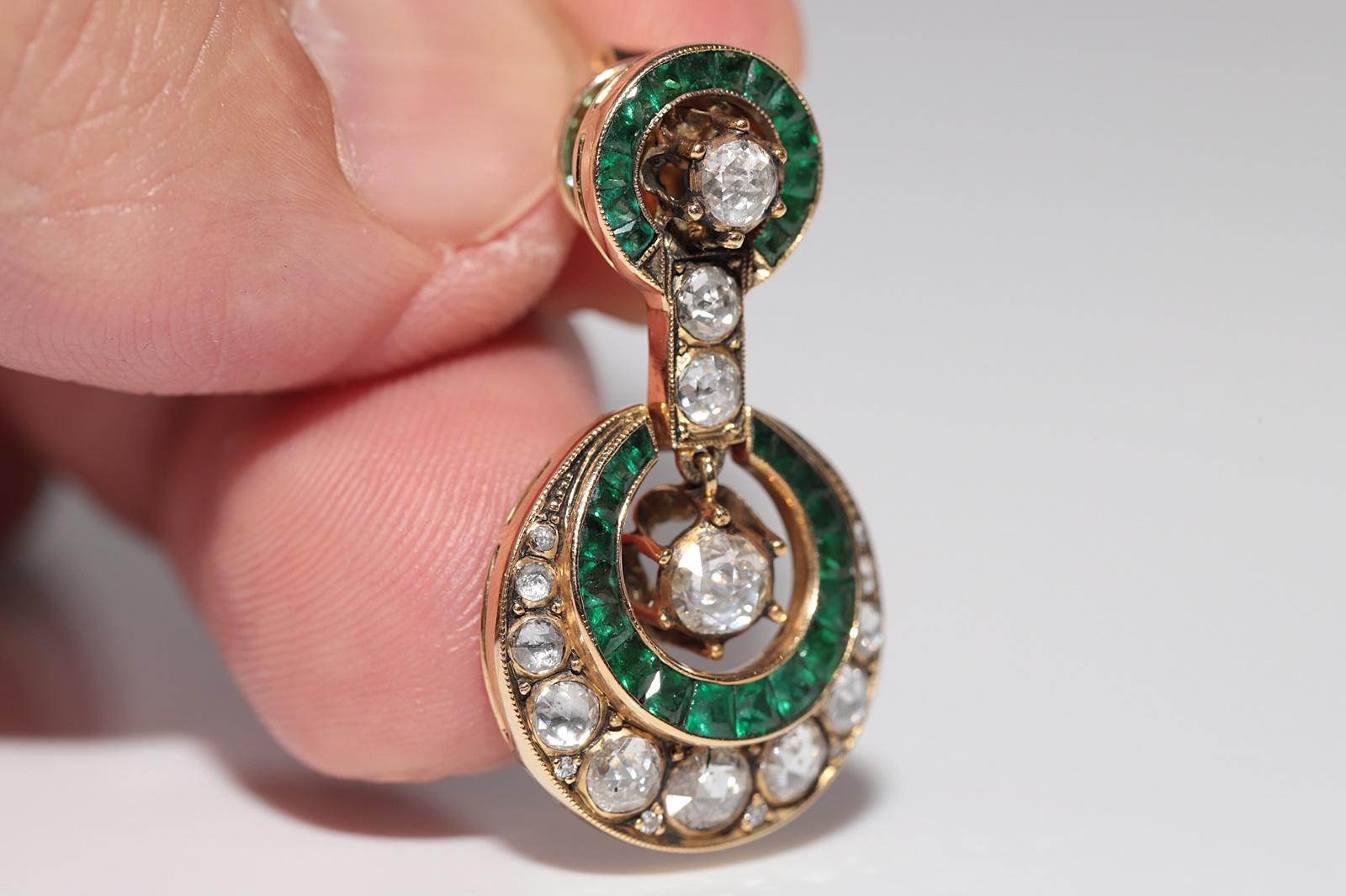 Vintage Circa 1970s 18k Gold Natural Rose Cut Diamond And Emerald Drop Earring For Sale 9