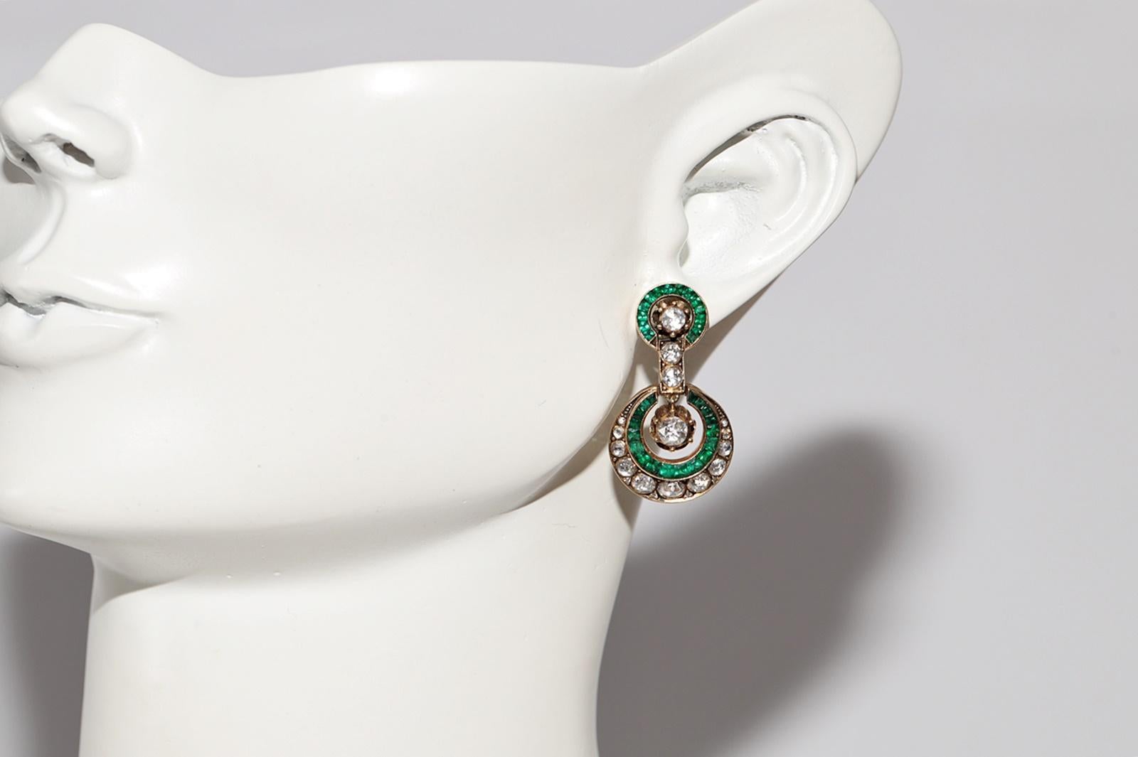 Vintage Circa 1970s 18k Gold Natural Rose Cut Diamond And Emerald Drop Earring For Sale 11