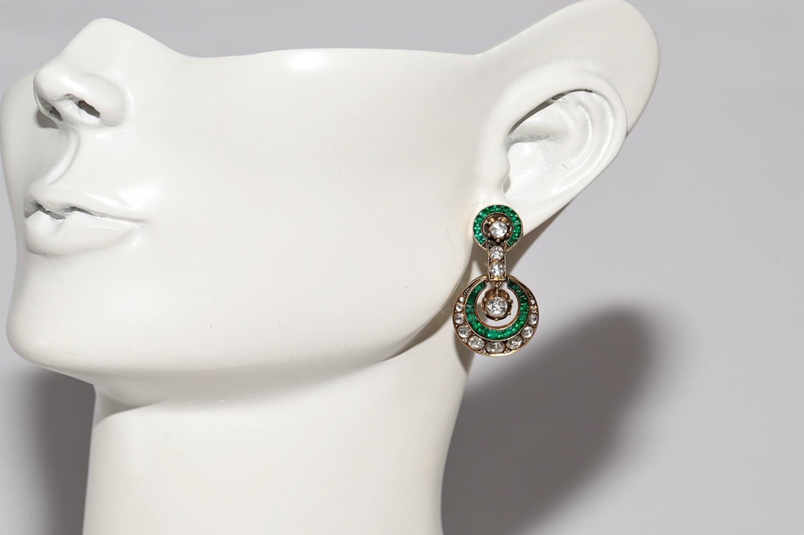 Vintage Circa 1970s 18k Gold Natural Rose Cut Diamond And Emerald Drop Earring For Sale 12