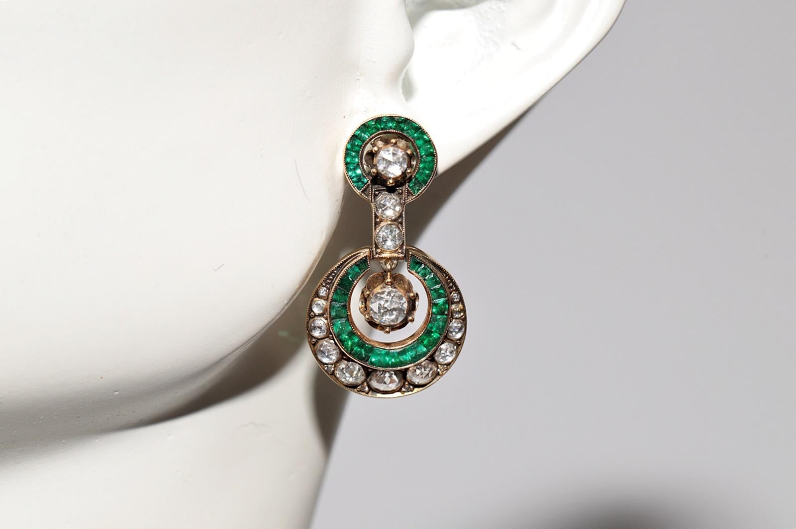 Vintage Circa 1970s 18k Gold Natural Rose Cut Diamond And Emerald Drop Earring For Sale 13