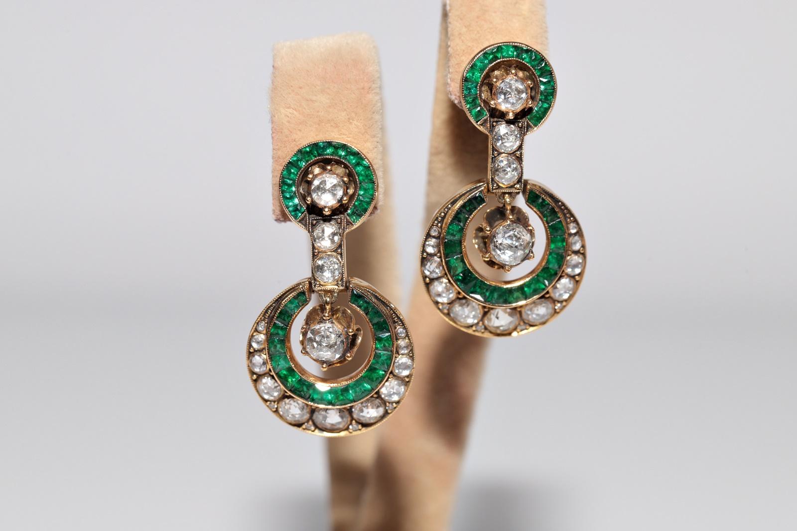 Vintage Circa 1970s 18k Gold Natural Rose Cut Diamond And Emerald Drop Earring For Sale 14